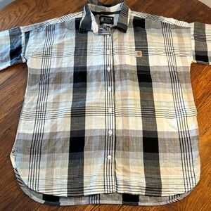 Carhartt Women's Large Loose Fit Short Sleeve Plaid Button Down Shirt